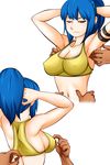  1girl armlet armpits arms_behind_head arms_up bare_shoulders bikkuru blue_hair blush breasts cleavage disembodied_limb erect_nipples eyes_closed female hair_tie highres large_breasts leona_heidern multiple_views navel nipple_tweak ponytail sideboob simple_background solo sports_bra sweat the_king_of_fighters tickling tied_hair upper_body white_background 