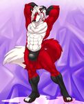  2017 4_toes abs anthro black_nose body_hair bulge canine chest_hair clothed clothing eyebrows fox fur gloves_(marking) hair hands_behind_head hungothenomster looking_at_viewer male mammal markings muscular plantigrade pose purple_background purple_eyes red_fur seductive simple_background smile socks_(marking) solo standing tight_underwear toes topless underwear white_fur white_hair 