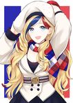  :d beret black_skirt blonde_hair blue_eyes blue_hair buttons commandant_teste_(kantai_collection) flag_background french_flag hat highres jacket kantai_collection long_hair long_sleeves morinaga_miki multicolored multicolored_clothes multicolored_hair multicolored_scarf open_mouth pleated_skirt pom_pom_(clothes) red_hair scarf skirt smile solo streaked_hair white_hair white_hat white_jacket 