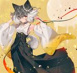  adjusting_hair animal_ears armpits arms_up arutera banned_artist bare_shoulders black_choker black_hakama black_hat blush bright_pupils choker detached_sleeves dog_ears dog_tail floral_print glowing hair_between_eyes hakama hand_in_hair hat highres holding holding_ribbon japanese_clothes kimono long_sleeves looking_at_viewer original parted_lips petals print_hat red_eyes ribbon short_hair silver_hair solo standing sun tail unmoving_pattern white_kimono wide_sleeves yellow_background 