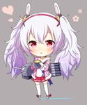 :o animal_ears azur_lane bad_id bad_pixiv_id bangs blush bunny_ears camisole cannon chibi commentary_request eyebrows_visible_through_hair full_body fur-trimmed_jacket fur_trim grey_background hair_between_eyes hair_ornament hairband heart highres holding jacket kyuujou_komachi laffey_(azur_lane) long_hair long_sleeves off_shoulder parted_lips pink_jacket pleated_skirt red_eyes red_footwear red_hairband red_skirt searchlight silver_hair skirt solo standing strap_slip thighhighs torpedo turret twintails very_long_hair white_camisole white_legwear 