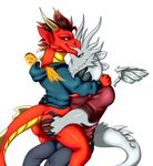  anthro butt claws clothed clothing dragon dragon_city duo flame_dragon fur horn male metallic_dragon scalie secrets-from-dark simple_background smile wings 