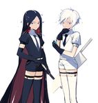  absurdres androgynous antarcticite bad_id bad_pixiv_id belt black_eyes black_hair blue_eyes bort earrings elbow_gloves garters gem_uniform_(houseki_no_kuni) gloves highres houseki_no_kuni jewelry long_hair looking_at_viewer multiple_others necktie short_hair shorts sparkle sword thighhighs uniform very_long_hair weapon white_background white_hair yukuso_(1065762559) 