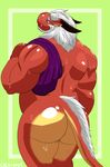 anthro barazoku butt cocoronut digital_media_(artwork) dragon facial_hair hair hi_res horn male muscular nude pinup pose scalie simple_background smile solo 
