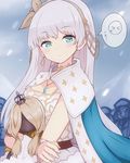  &gt;_&lt; anastasia_(fate/grand_order) bangs blue_cape blue_eyes blush cape choker closed_mouth cross crown doll dress emoticon fate/grand_order fate_(series) hair_ornament hairband holding holding_doll jewelry kastella leaf_hair_ornament long_hair mini_crown oprichnik_(fate/grand_order) orange_hairband orange_ribbon outdoors pendant ribbon royal_robe snow solo_focus speech_bubble spoken_expression tears twitter_username white_dress white_hair 