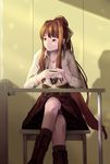  artist_name bangs boots bow brown_dress brown_footwear brown_hair casual chair closed_mouth commentary cropped_jacket crossed_legs cup doki_doki_literature_club dress feet_out_of_frame green_eyes hair_bow highres holding holding_cup indoors jacket jewelry long_hair long_sleeves looking_to_the_side monika_(doki_doki_literature_club) necklace ponytail shadow shiryuu_akira sidelocks sitting smile solo sunlight table very_long_hair white_jacket 