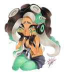  bare_arms bare_shoulders black_hair breasts cephalopod_eyes cleavage commentary_request crop_top cropped_legs cropped_vest dark_skin fingerless_gloves gloves green_eyes green_hair green_legwear green_skin hands_on_own_cheeks hands_on_own_face hands_up headphones iida_(splatoon) isamu-ki_(yuuki) long_hair looking_to_the_side marker_(medium) medium_breasts midriff mole mole_under_mouth multicolored multicolored_hair multicolored_skin navel navel_piercing octarian pantyhose pantyhose_under_shorts piercing pink_pupils shorts signature simple_background sitting solo splatoon_(series) splatoon_2 stomach suction_cups tentacle_hair traditional_media unzipped vest white_background zipper zipper_pull_tab 