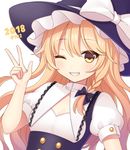  black_bow black_hat blonde_hair blush bow braid breasts cleavage dated eyebrows_visible_through_hair hair_bow hat hat_bow hat_ribbon kirisame_marisa long_hair looking_at_viewer medium_breasts one_eye_closed parted_lips puffy_short_sleeves puffy_sleeves ribbon short_sleeves smile solo teeth touhou upper_body v white_bow white_ribbon witch_hat yamayu yellow_eyes 