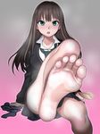  1girl absurdres barefoot blush brown_hair feet green_eyes idolmaster idolmaster_cinderella_girls long_hair looking_at_viewer necklace one_leg_raised open_mouth pinkjoe pov pov_feet shibuya_rin sitting socks_removed soles steam sweat toes 