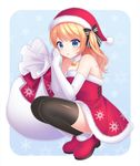  bell black_bow black_legwear blonde_hair blue_eyes blush bow dated elbow_gloves eyebrows_visible_through_hair gloves hair_bow hat highres long_hair original parted_lips red_hat sack santa_costume santa_hat snowflakes solo squatting thighhighs white_gloves yamayu 