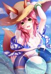  animal_ears bikini blue_bikini bracelet breasts collarbone day ears_through_headwear fang fate/grand_order fate_(series) fox_ears fox_tail hair_between_eyes hand_on_headwear hat highres innertube jewelry kneeling large_breasts nya_rl ocean open_mouth outdoors partially_submerged pink_hair shirt side-tie_bikini sky smile straw_hat sun_hat swimsuit t-shirt tail tamamo_(fate)_(all) tamamo_no_mae_(swimsuit_lancer)_(fate) water wet wet_clothes wet_shirt wet_t-shirt yellow_eyes 