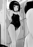  :o bangs bare_arms bare_shoulders blunt_bangs blush collarbone competition_school_swimsuit crotch_zipper dark_skin door finger_to_mouth groin headband heart locker locker_room looking_at_another one-piece_swimsuit open_door original out_of_frame parted_lips short_hair solo_focus swimsuit toy_box-r wet zipper 