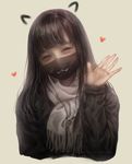  2018 absurdres artist_name brown_hair closed_eyes cropped_torso drawn_ears facing_viewer heart highres long_hair mask original realistic scarf shal.e simple_background solo surgical_mask sweater upper_body watermark waving 