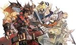  3boys ahoge banpai_akira blonde_hair blue_eyes breasts brown_hair cape cleavage commentary_request dark_skin elphelt_valentine eyepatch forehead_protector guilty_gear guilty_gear_xrd headband highres huge_ahoge ky_kiske large_breasts multiple_boys multiple_girls muscle orange_eyes platinum_blonde_hair ponytail ramlethal_valentine sin_kiske sol_badguy spikes sword weapon white_hair yellow_eyes 