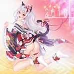  2018 animal_ears ass bangs bare_shoulders bell blush bow cat_ears cat_tail commentary_request detached_sleeves eyebrows_visible_through_hair fang floral_print full_body gradient gradient_background hair_bow hair_ornament highres japanese_clothes kimono long_hair long_sleeves looking_at_viewer looking_back no_panties open_mouth petals shimashima08123 simple_background smile solo tabi tail tokyo_exe_girls wide_sleeves 