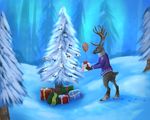  2017 4_fingers ambiguous_gender anthro antlers bottomless brown_fur cervine christmas clothed clothing detailed digital_media_(artwork) forest fur general: grey_fur hayden_(reindeer) holidays hooves horn mammal outside partially_clothed portrait reindeer solo standing tree windicious 