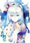  anastasia_(fate/grand_order) bangs blue_background blue_eyes closed_mouth cross crown doll eyelashes fate/grand_order fate_(series) frozen fur_coat hair_ornament hairband high_collar highres holding holding_doll ice leaf_hair_ornament mini_crown reito6 royal_robe silver_hair solo upper_body white_eyelashes 