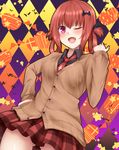  ass_visible_through_thighs awai_shiro bat_background bat_hair_ornament black_shirt blush cardigan commentary_request cowboy_shot cross_of_saint_peter dutch_angle fang gabriel_dropout hair_ornament hair_ribbon hair_rings halloween hand_on_hip highres kurumizawa_satanichia_mcdowell necktie one_eye_closed open_mouth pleated_skirt pumpkin_background purple_eyes red_hair rhombus_background ribbon school_uniform shirt skirt smile solo star starry_background 