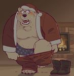  bear black_boots blush boxers_(clothing) christmas clothed clothing fireplace garouzuki hat holidays male mammal obese overweight overweight_male red_coat red_hat red_pants santa_hat solo surprise topless underwear undressing 