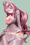  awa_(rosemarygarden) breasts choker commentary_request fate/grand_order fate_(series) garrison_cap glasses gloves hat hips koyanskaya large_breasts long_hair looking_at_viewer midriff pink_hair ribbon ribbon_choker smile solo very_long_hair white_gloves yellow_eyes 