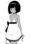  bangs bare_arms bare_shoulders blunt_bangs blush bob_cut bow breasts closed_mouth cowboy_shot dark_skin dress finger_ribbon greyscale headband looking_at_viewer monochrome original ribbon short_hair simple_background sleeveless sleeveless_dress small_breasts smile solo toy_box-r white_background 