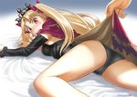  artist_name ass bangs bed_sheet black_panties blonde_hair blush bow cameltoe cape cape_lift commentary_request detached_sleeves earrings ereshkigal_(fate/grand_order) eyebrows_visible_through_hair fate/grand_order fate_(series) feet_out_of_frame frilled_sleeves frills gradient gradient_background hair_bow jewelry long_hair long_sleeves looking_at_viewer lying mu-pyon on_stomach open_mouth panties parted_bangs red_bow red_eyes simple_background thighs tiara twintails underwear 