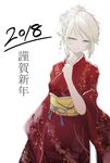  2018 alternate_costume alternate_hairstyle floral_print flower hair_flower hair_ornament hand_up highres japanese_clothes kimono looking_at_viewer mizuhashi_parsee pointy_ears red_kimono simple_background sketch smile solo touhou watchi white_background wide_sleeves yukata 