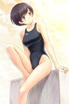  arms_at_sides bangs bare_arms bare_legs bare_shoulders black_swimsuit blush closed_mouth cloud cloudy_sky collarbone competition_swimsuit day expressionless groin highleg highleg_swimsuit highres kuri_(kurigohan) mizuno one-piece_swimsuit original outdoors purple_eyes purple_hair short_hair sitting sky solo sunlight swimsuit tareme thighs yellow_sky 