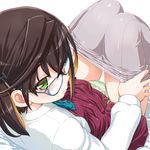  blouse blue-framed_eyewear blue_neckwear blush bow bowtie breasts brown_hair closed_mouth commentary_request dd_(ijigendd) dress eyebrows_visible_through_hair glasses green_eyes green_panties grey_legwear hair_ornament kantai_collection knees_together_feet_apart looking_at_viewer okinami_(kantai_collection) panties pantyhose pantyhose_pull polka_dot polka_dot_panties pulled_by_self purple_dress short_hair simple_background sitting sleeveless sleeveless_dress small_breasts solo underwear white_background white_blouse 