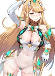  arm_up armpits ass_visible_through_thighs bangs bare_shoulders blonde_hair blush bracelet breasts cameltoe cleavage_cutout contrapposto covered_navel cowboy_shot crotch_plate diadem dress elbow_gloves embarrassed eyebrows_visible_through_hair gloves hand_on_head hand_on_hilt hews_hack highres hikari_(xenoblade_2) jewelry large_breasts lips long_hair looking_at_viewer microphone navel see-through short_dress simple_background standing sword very_long_hair weapon white_background white_dress xenoblade_(series) xenoblade_2 yellow_eyes 