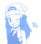  1girl bare_shoulders beanie blush breasts female happy hat hikari_(pokemon) looking_at_viewer monochrome one_eye_closed open_mouth poke_ball_theme pokemon pokemon_dppt scarf shirt signature simple_background sketch sleeveless sleeveless_shirt small_breasts smile solo tax2rin text upper_body white_background wink 