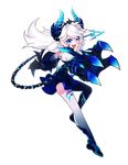  :d asymmetrical_clothes blue_eyes claws diabla_(elsword) elsword full_body highres horns hwansang leg_lift legs long_hair looking_at_viewer luciela_r._sourcream official_art open_mouth pointy_ears single_pantsleg smile solo tail tattoo transparent_background white_hair 