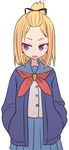  bangs_pinned_back blonde_hair blue_jacket blue_sailor_collar blue_skirt blush_stickers commentary flip_flappers forehead hands_in_pockets highres jacket long_sleeves multicolored_hair neckerchief open_mouth pleated_skirt purple_eyes red_neckwear sailor_collar school_uniform serafuku shirt short_hair simple_background skirt solo streaked_hair sumiyao_(amam) topknot tsurime upper_body white_background white_shirt yayaka 