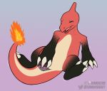  2019 animal_genitalia anthro blue_eyes charmeleon claws cloaca denise digital_media_(artwork) dildo female fire masturbation nintendo nude one_eye_closed open_mouth pink_tongue pok&eacute;mon pok&eacute;mon_(species) pussy scalie sex_toy shaking shivering simple_background sitting solo tongue video_games white_claws xanderg_(artist) 