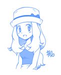  1girl blush breasts female hat long_hair looking_to_the_side monochrome open_mouth pokemon pokemon_(game) pokemon_xy serena_(pokemon) shirt signature simple_background sketch sleeveless sleeveless_shirt small_breasts smile solo tax2rin text upper_body white_background 