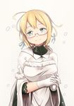 ahoge alternate_costume arm_across_waist bangs blonde_hair blue_eyes blush breasts buttons capelet christmas commentary cup dress eyebrows_visible_through_hair flower fur-trimmed_capelet fur_trim glasses gloves hair_between_eyes hair_flower hair_ornament hair_ribbon half-closed_eyes hands_together head_tilt highres i-8_(kantai_collection) kantai_collection large_breasts long_dress long_hair long_sleeves looking_at_viewer low_twintails merry_christmas red-framed_eyewear ribbon simple_background smile solo tareme twintails white_dress white_gloves wide_sleeves yasume_yukito 