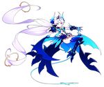  absurdres blue_bow blue_eyes blue_footwear blue_legwear blue_wings boots bow elsword floating full_body gloves highres horns hwansang knee_boots long_hair luciela_r._sourcream noblesse_(elsword) official_art smile solo tail thighhighs tiara transparent_background twintails very_long_hair white_hair wings 