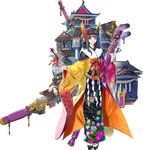  :d alternate_costume architecture arrow bangs black_hair blunt_bangs castle east_asian_architecture eyebrows_visible_through_hair full_body hair_ornament hairband highres holding_arrow japanese_clothes kimono kumamoto_castle_(oshiro_project) looking_at_viewer official_art open_mouth oshiro_project oshiro_project_re purple_eyes shachihoko smile solo transparent_background wide_sleeves zounose 