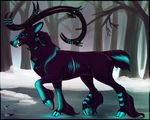  antlers bioluminescence black_fur blue_glow cervine cloven_hooves detailed_background fangs feathering feral forest fur glowing hooves horn husgryph ice lake male mammal one_leg_up outside purple_fur reindeer side_view snow solo tree tusks walking 