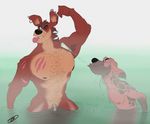  anthro armpit_hair duo ear_piercing flexing hyena male male/male mammal muscular muscular_male nude partially_submerged pecs penis piercing scar tongue tongue_out water zepthehyerian 