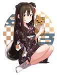  animal animal_ears bad_id bad_pixiv_id bangs blush brown_eyes brown_hair brown_kimono checkered chinese_zodiac closed_mouth commentary_request dog dog_ears dog_tail egasumi eyebrows_visible_through_hair fake_animal_ears fingernails floral_print flower full_body hair_between_eyes hair_flower hair_ornament highres japanese_clothes kimono long_hair long_sleeves looking_at_viewer new_year original print_kimono red_flower socks solo tabi tail tsukiman wavy_mouth white_footwear wide_sleeves year_of_the_dog 