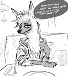  aardwolf anthro black_nose clothing coat cute dialogue digital_media_(artwork) disney english_text fan_character fur glass happy hyena jacket looking_at_viewer mammal nobby_(artist) pack_street sitting smile text wolter_(weaver) zootopia 