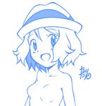  1girl blush breasts collarbone eyebrows_visible_through_hair female happy hat looking_at_viewer monochrome no_nipples nude open_mouth pokemon pokemon_(anime) pokemon_xy serena_(pokemon) short_hair signature simple_background sketch small_breasts smile solo tax2rin text upper_body white_background 