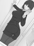  ass ass_visible_through_thighs black_jacket black_skirt breasts cellphone cowboy_shot curvy formal greyscale hand_on_wall highres holding holding_phone indoors jacket large_breasts long_sleeves looking_at_viewer monochrome office_lady original phone pinstripe_suit plump self_shot shisshou_senkoku short_hair skirt skirt_suit smartphone solo striped suit thighhighs 