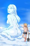  ass barefoot boxer_briefs breasts commentary_request ice link long_hair male_underwear medium_breasts nude open_mouth princess_zelda sculpture sexually_suggestive shovel sky snow the_legend_of_zelda the_legend_of_zelda:_breath_of_the_wild underwear wasabi_(legemd) 