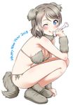  :q animal_ears blue_eyes blush bone breasts brown_hair chinese_zodiac cleavage commentary_request dog_ears dog_tail fur_bikini fur_trim happy_new_year holding holding_bone light_brown_hair long_hair looking_at_viewer love_live! love_live!_sunshine!! medium_breasts navel new_year one_eye_closed rozen5 shoes short_hair simple_background smile solo squatting tail tongue tongue_out watanabe_you white_background year_of_the_dog 