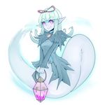 bangs blue_hair blunt_bangs capelet eyebrows_visible_through_hair flipped_hair ghost ghost_(monster_girl_encyclopedia) ghost_tail highres holding_lantern lantern long_hair looking_at_viewer monster_girl_encyclopedia nanostar pointy_ears purple_eyes smile solo transparent_background v_arms 