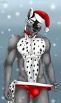  2017 5_fingers anthro athletic black_fur black_nose bulge canine christmas cinta clothed clothing collar fur green_eyes grey_fur hat holidays looking_aside male mammal nipples pose ratchet_wolfe santa_hat simple_background snow snowing solo spots standing teasing topless underwear white_fur winter wolf 