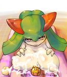  bath bathtub big_breasts bondo breasts bubble female huge_breasts kirlia nintendo orange_eyes pok&#233;mon pok&#233;morph pokemon sexually_suggestive soap soap_bar translation_request video_games water weedle white_skin 