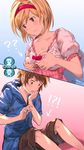  1boy 1girl ?? blonde_hair blush brown_hair collarbone commentary_request djeeta_(granblue_fantasy) gran_(granblue_fantasy) granblue_fantasy hairband hood implied_erection kimi_no_na_wa milli_little parody personality_switch pink_hairband self_fondle short_hair twitter_username 